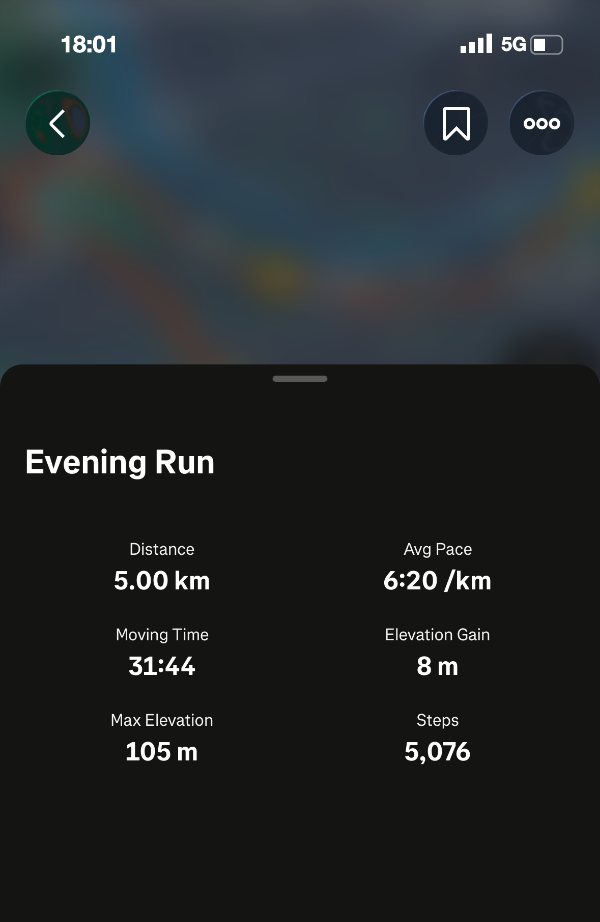 Running app summary: 5.00 km in 31:44